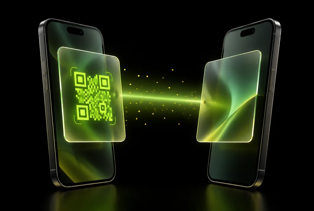 Dos teléfonos conectados por un haz verde con un código QR