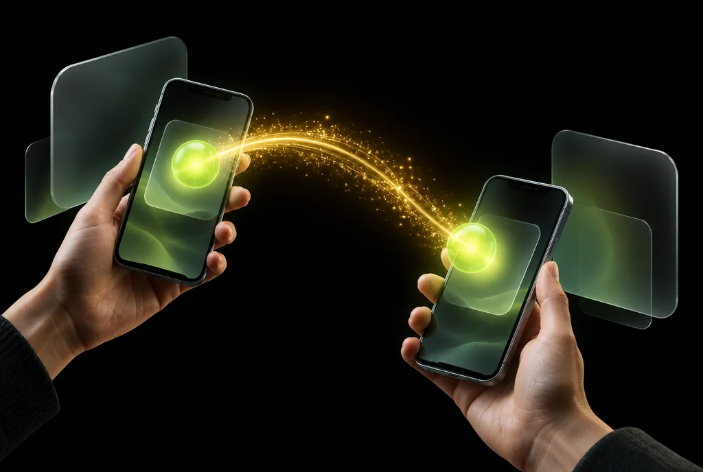 Dos manos con teléfonos intercambiando una esfera de luz verde
