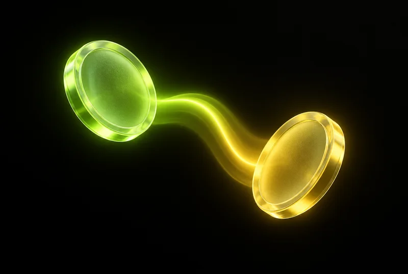 Dos monedas de vidrio unidas por un haz de luz