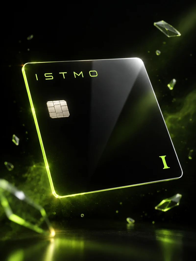 Tarjeta virtual Istmo, negra con borde verde y el logo en lima